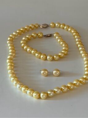 JTV Golden Cultured Freshwater Pearl Necklace, Bracelet & Stud Earrings Set